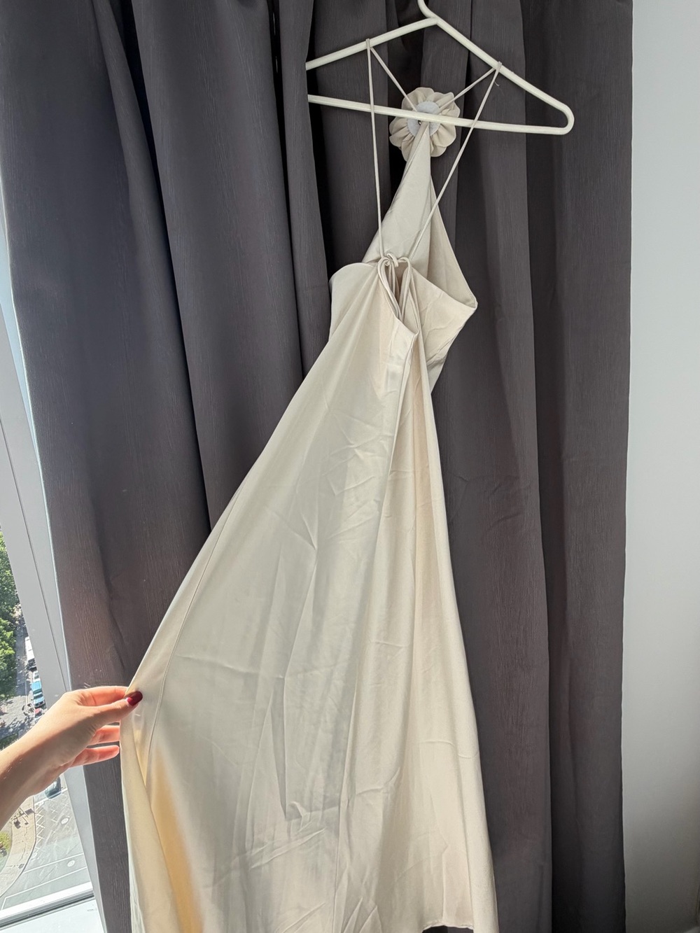 Commense Satin Rosette Halter Midi Dress in Cream Apricot - Picture 6 of 8
